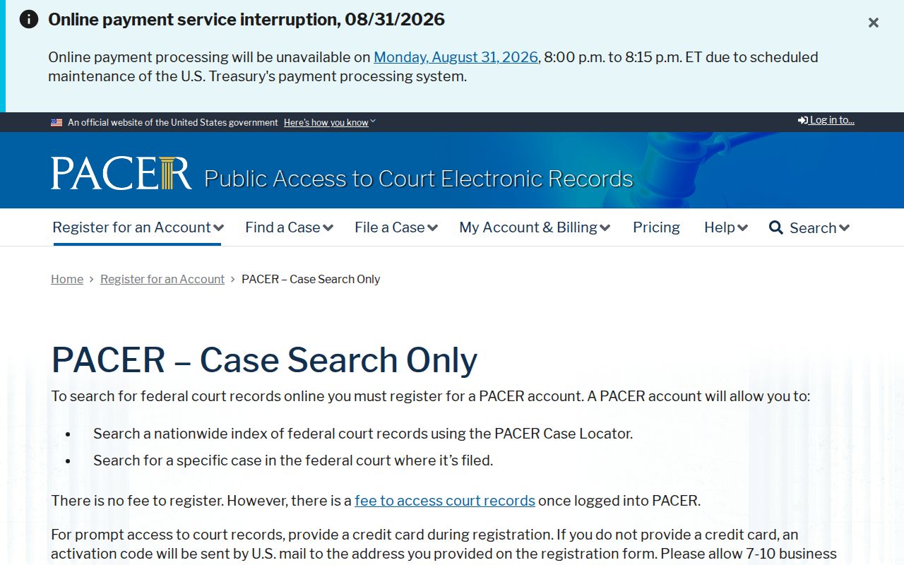 Adams court docket source for PACER case-search access
