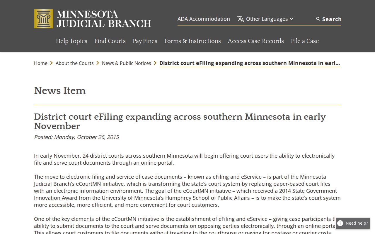 Austin court docket record source about Minnesota e-filing