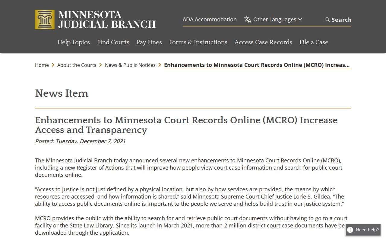 Mower County docket search MCRO access and transparency announcement