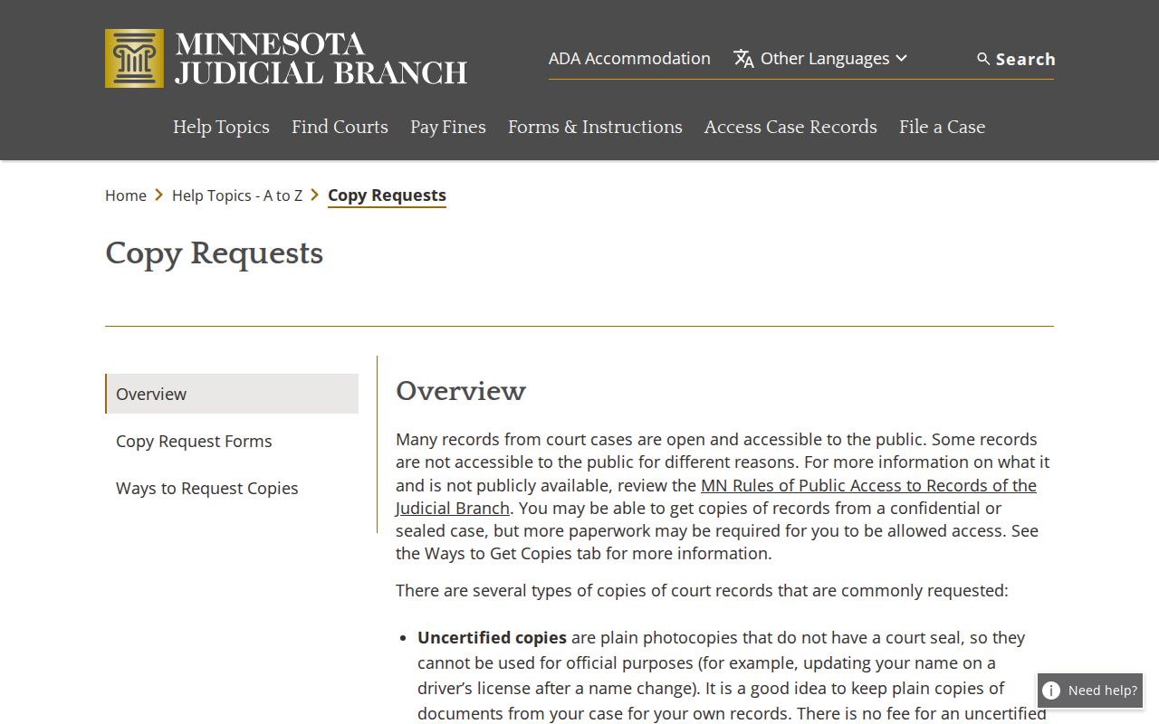 Mower County civil court dockets court copy request overview