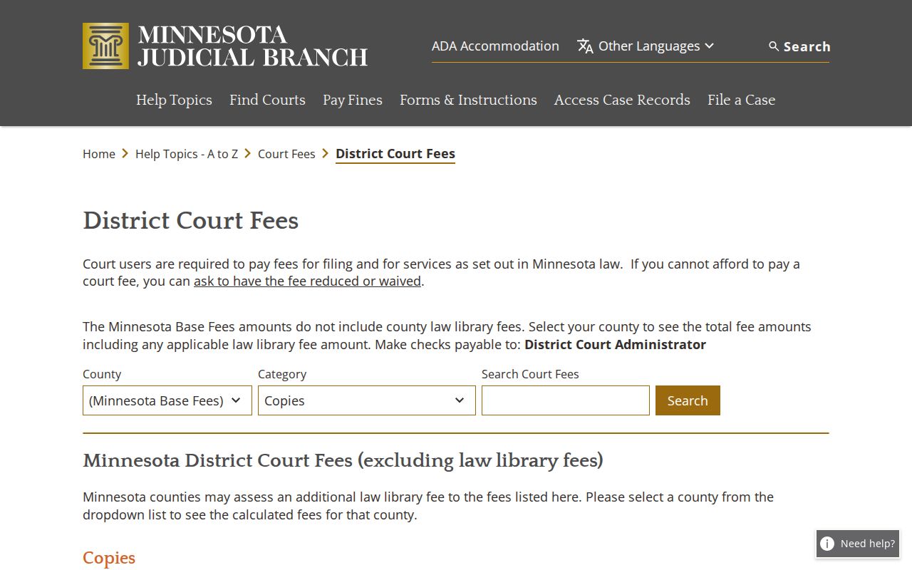 Mower County civil court dockets district court copy fee table