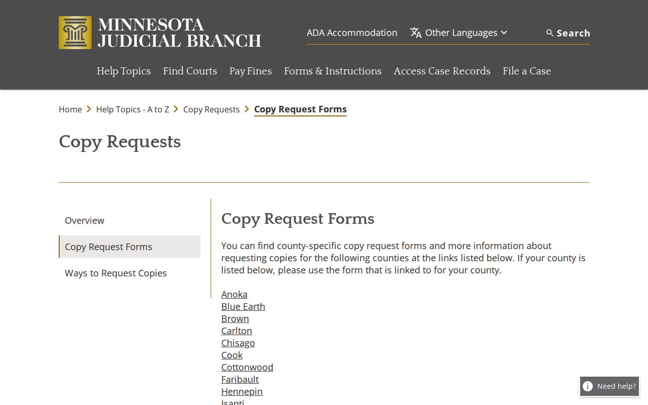 Mower County civil court dockets court copy request forms