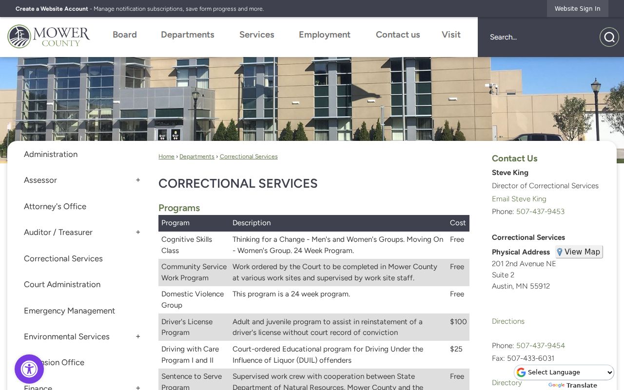 Grand Meadow court records source for Mower County correctional services context