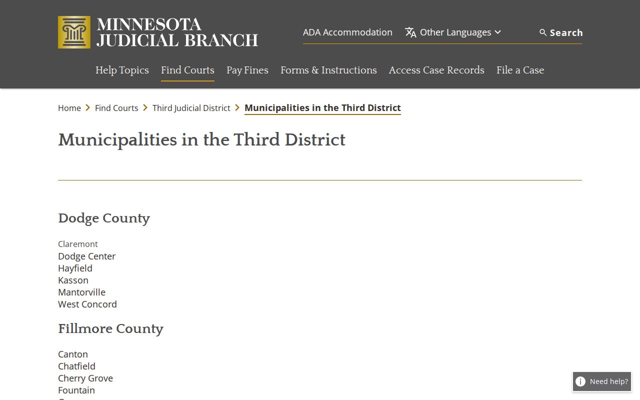 Grand Meadow court records source for Third Judicial District municipalities