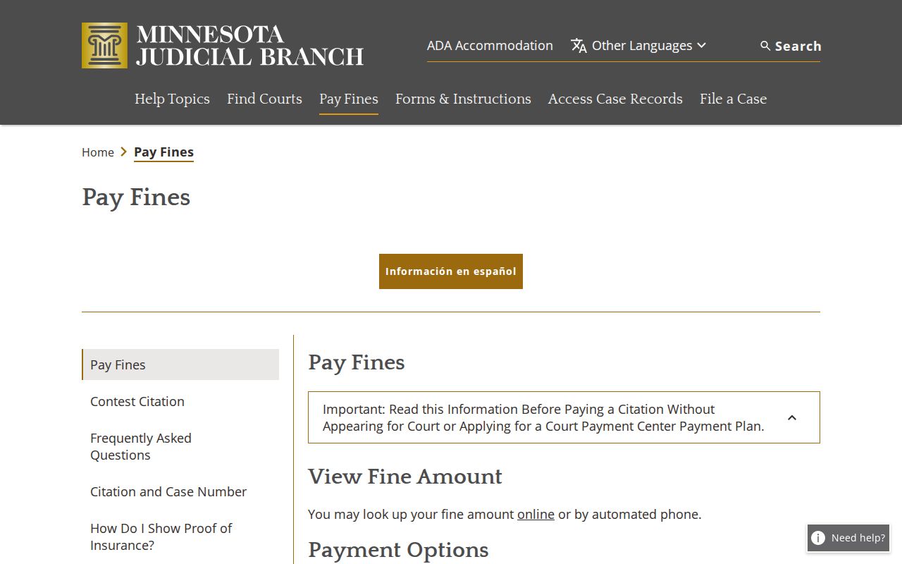 Mower County court docket Minnesota citation and fine access page