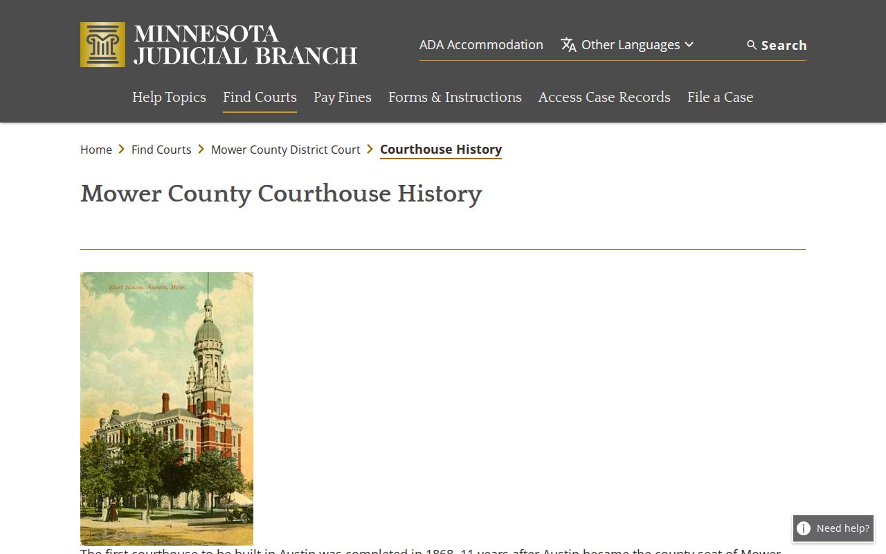 Mower County court docket courthouse history information