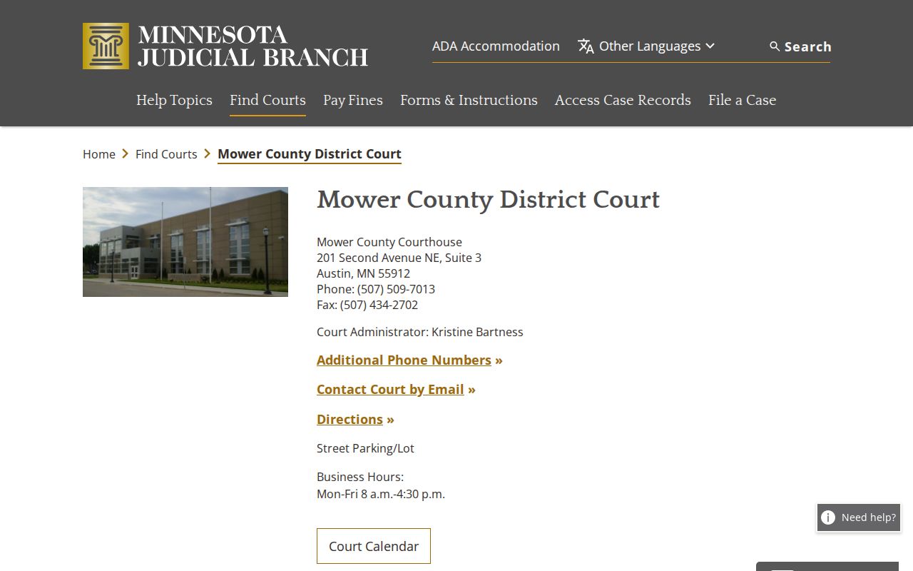 Mower County court docket daily calendar and court information