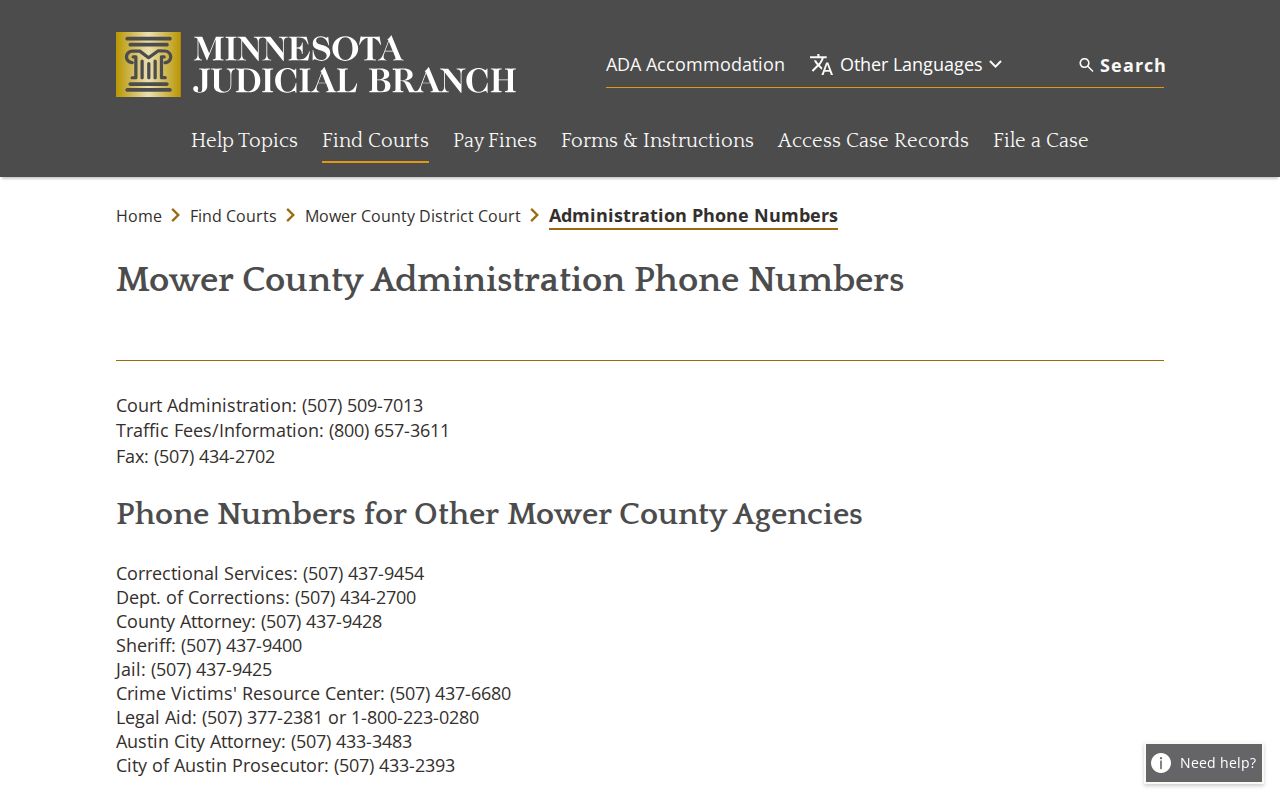 Mower County court docket Court Administration contact routing